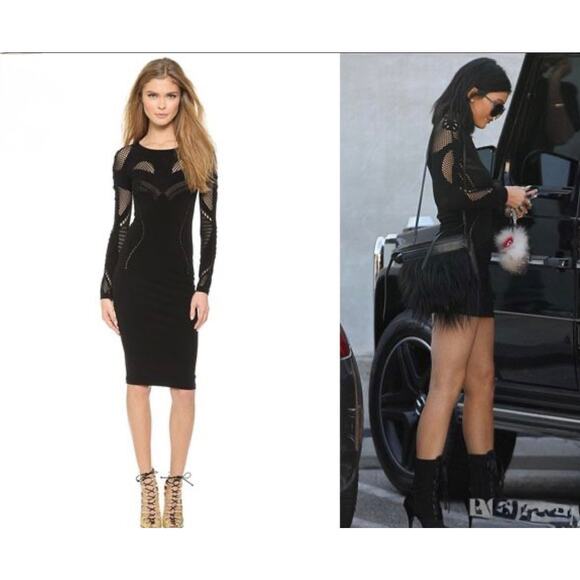 McQ Alexander McQueen Midi Dress Sz L Black Mesh Cutout Knit Bodycon Long Sleeve - Picture 2 of 15